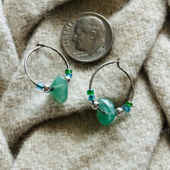 Miniature Sterling Hoops with Aqua Colored Stones - Picture 2 of 3